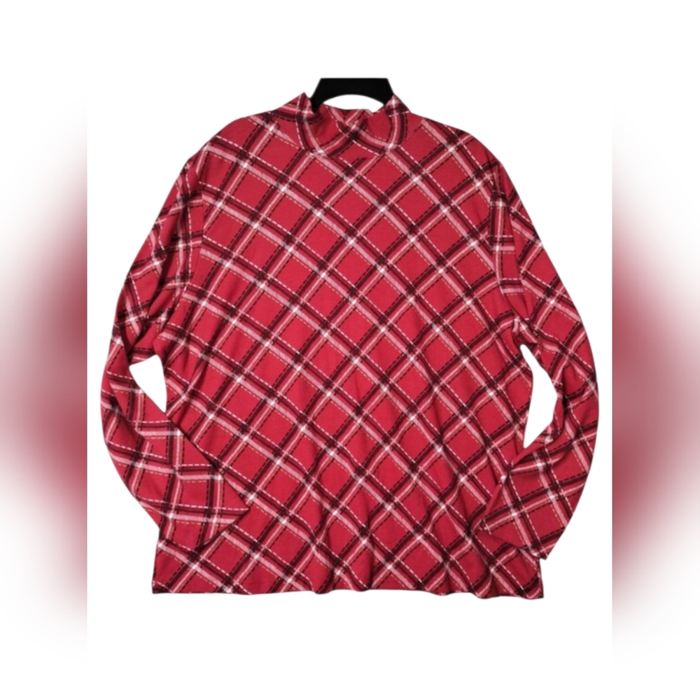Women's Plus Karen Scott Size 2X Red Plaid Mock Neck Top Long Sleeves Stretch